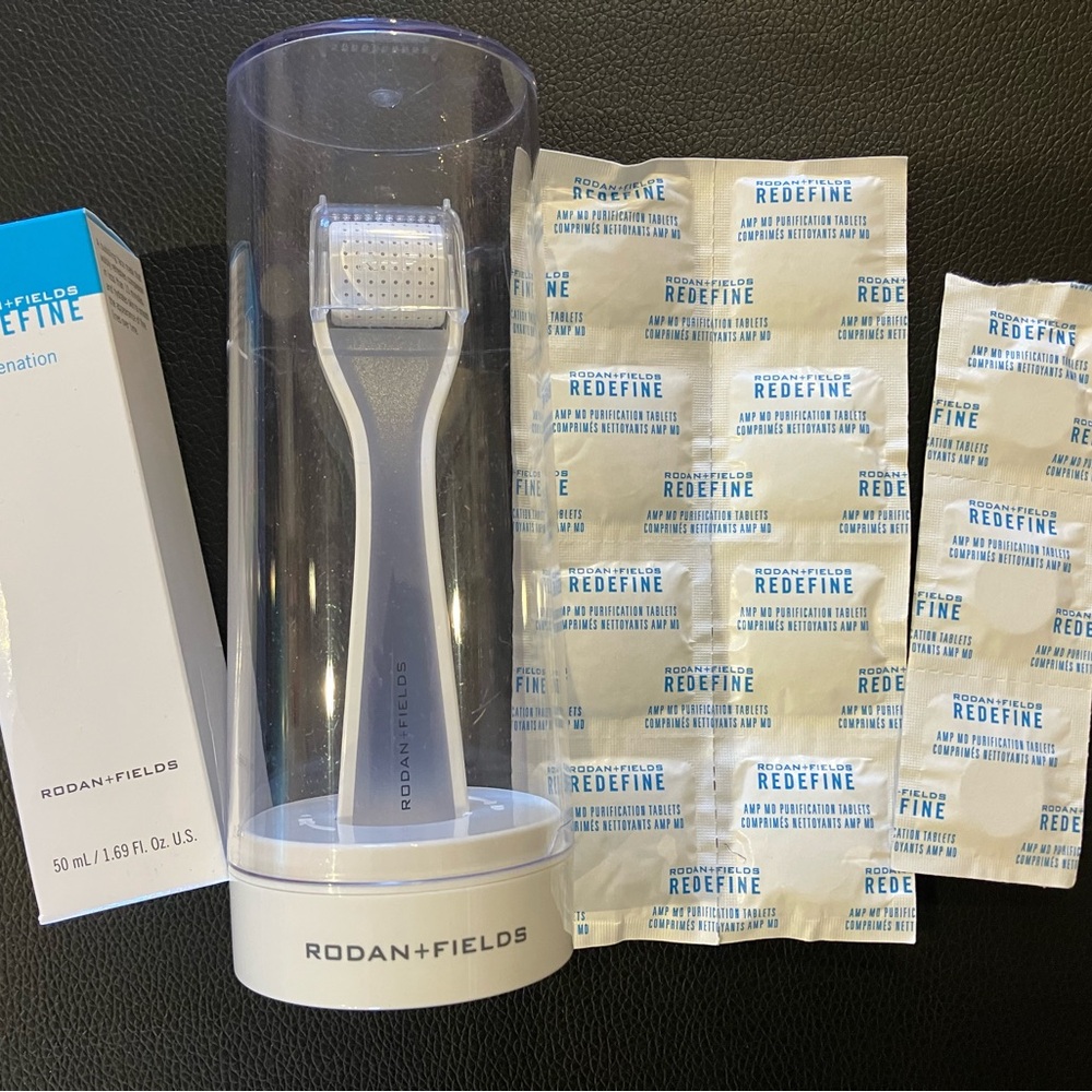 Rodan + Fields Redefine Amp MD roller, cleaning tablets, and Rejuvination Mask